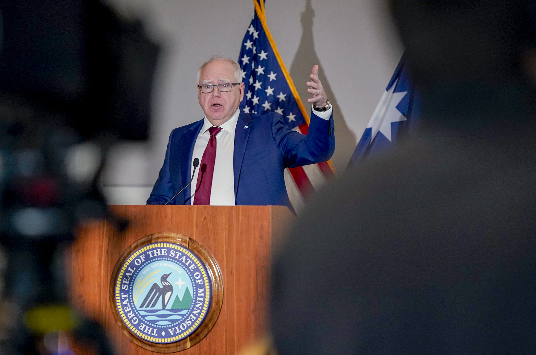 Gov. Tim Walz speaks last month during a news conference following the release of the November Budget and Economic Forecast. The governor on Thursday proposed a slimmed-down $66 billion state budget for the 2026-27 biennium. (Photo by Michele Jokinen)